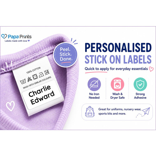 60 Personalised Stick on Name Labels for Clothes No Iron Just Peel 2
