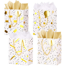 Medium Gift Bags, 4 Pack 9'' Gold Paper Bag with Tissue Paper for Graduation Birthday Anniversary Wedding Baby Shower(Gold)