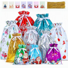 Christmas Drawstring Gift Bags Set – 25 Pack Reusable Christmas Gift Wrapping Bags with Tags & Twist Ties – 4 Sizes Large Christmas Bag for Presen