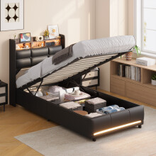 Anajqaiqa Lit Simple 90x200 cm, Cadre Hydraulique avec Étagères Intégrées, Tissu PU Noir
