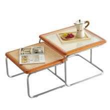 Lot de 2 tables basses imbriquables, Verre et Rotin, Structure Acier et Bois, Salon et Chambre