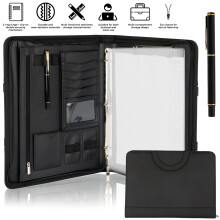 Porte-documents A4 avec fermeture éclair et poignée, organiseur multi-poches noir, 5 compartiments, acier et maille métallique