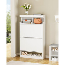 Wooden Shoe Cabinet, 2 Flip Drawers & 2 Open Compartment, White