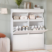 Wooden Shoe Cabinet, 4 Flip Drawer, Slim Shoes Rack Cabinet, White