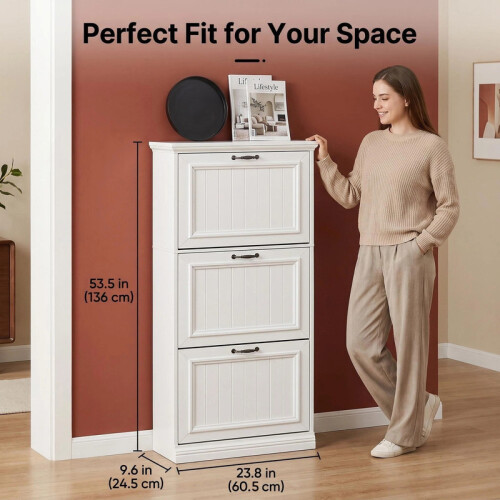 Shoe Cabinet with 3 Flip Drawer, Space-Saving Slim Cupboard, White 1