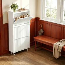 Fluted Wooden Shoe Cabinet White and Silver