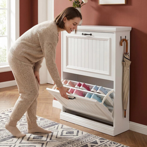 Shoe Cabinet with 2 Flip Drawer, Space-Saving Slim Cupboard, White 2