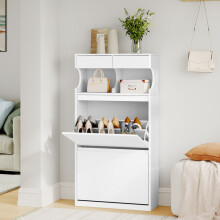 Wooden Shoe Cabinet, 2 Flip Drawer, Slim Shoes Rack Cabinet, White