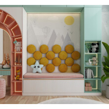 (Yellow) 4 Pack - Soft Velour Upholstered Acoustic Wall Panels Round (25x25cm) | Decorative Headboard Panels for Children's Room & Playroom