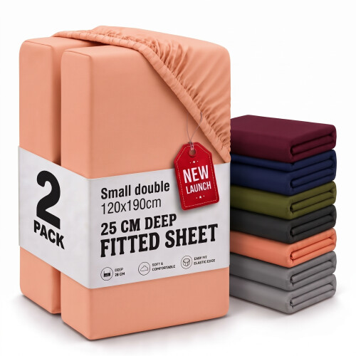 (2X Small Double - Peach) Fitted Sheets 25cm Pack of 2 Small Double Deep Pocket Soft Microfibre Bed Sheets