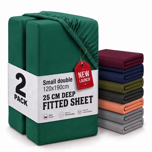 (2X Small Double - Emerald) Fitted Sheets 25cm Pack of 2 Small Double Deep Pocket Soft Microfibre Bed Sheets