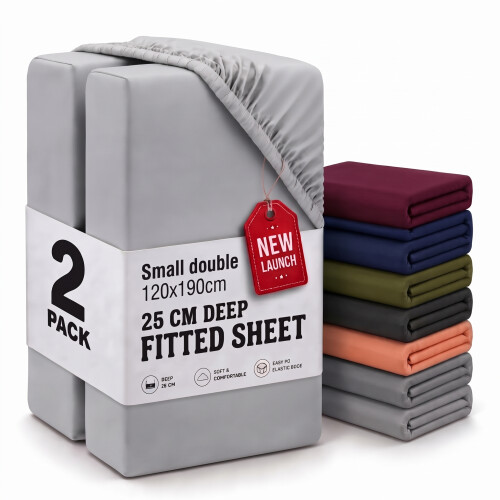 (2X Small Double - Silver) Fitted Sheets 25cm Pack of 2 Small Double Deep Pocket Soft Microfibre Bed Sheets