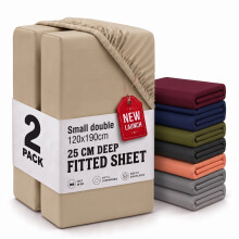 (2X Small Double - Beige) Fitted Sheets 25cm Pack of 2 Small Double Deep Pocket Soft Microfibre Bed Sheets