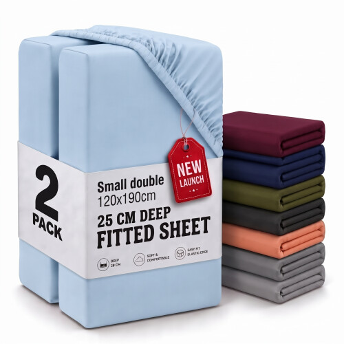 (2X Small Double - Light Blue) Fitted Sheets 25cm Pack of 2 Small Double Deep Pocket Soft Microfibre Bed Sheets