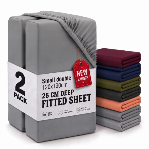 (2X Small Double - Grey) Fitted Sheets 25cm Pack of 2 Small Double Deep Pocket Soft Microfibre Bed Sheets