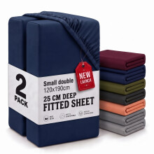 (2X Small Double - Navy) Fitted Sheets 25cm Pack of 2 Small Double Deep Pocket Soft Microfibre Bed Sheets