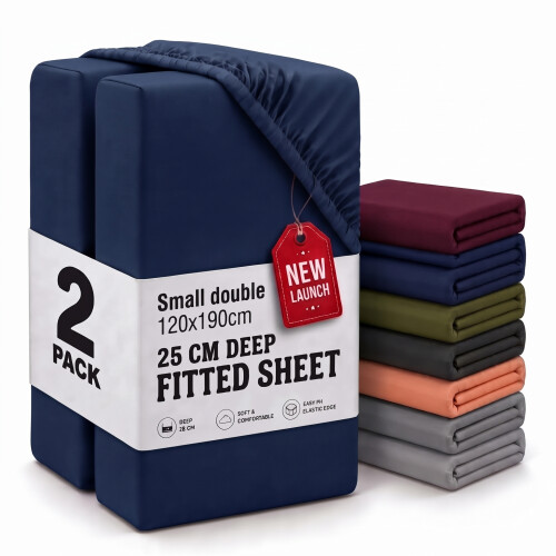 (2X Small Double - Navy) Fitted Sheets 25cm Pack of 2 Small Double Deep Pocket Soft Microfibre Bed Sheets