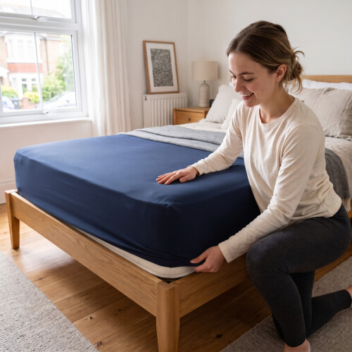 (2X Small Double - Navy) Fitted Sheets 25cm Pack of 2 Small Double Deep Pocket Soft Microfibre Bed Sheets 1