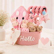 New Baby Girl Gifts Basket, 11-Piece Newborn Baby Gifts for Girl with Hooded Towel, Rattle, Pram Toy & Keepsake Basket, Gift-Ready Baby Shower Gifts