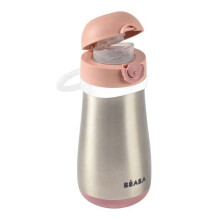 Béaba 2 in 1 Childrens Stainless Steel Bottle, Bottle/Glass Function, Push Button for Easy Opening, Solid, Healthy, Removable Handles, Stainless Stee