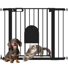 PawHut Dog Gate with Cat Flap Stair Pressure Fit Auto Close 75-103 cm Black