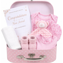 Baby Box Shop - Baby Girl Gift Set, Newborn Essentials in Keepsake Hamper with Plush Pink Teddy Bear, Cotton Bodysuit, Booties, Hat, Bib, Muslin Clot