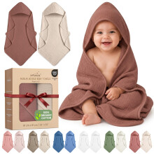 infancie 100% Organic Cotton Muslin Baby Hooded Towel 2 Pack 81x81cm Newborn Gift (Rust/Ivory)