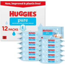 Huggies Pure Plastic Free Baby Wipes - Pack of 12 (576 Wipes) – 99% Water Wet Wipes, Fragrance Free, Hypoallergenic, Better Cleaning, Soft and Gentl