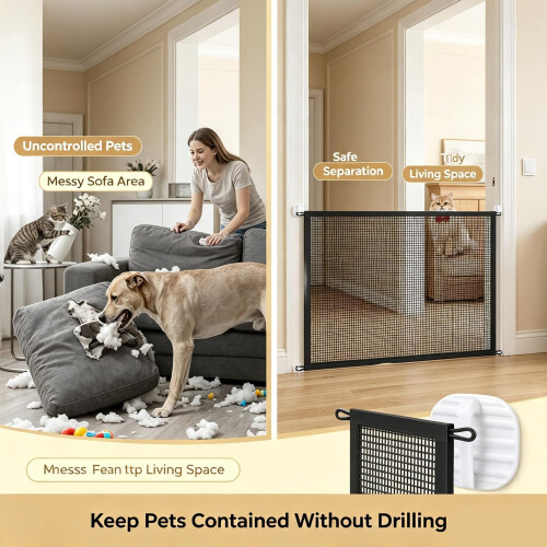 Retractable Pet Gate,110 x 72 cm,No-Drill Mesh Barrier 2