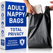 Adult Nappy Bags - 100 Pack, 20% Thicker Sacks, Easy Tie Handles, Odour Free, Discreet Black Plastic, Strong Sanitary Disposal Bag