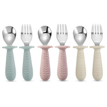 PandaEar 6 Pieces Baby Toddler Silicone Stainless Steel Utensils Silverware Spoon Fork for Baby Toddler BPA Free with Silicone Holding Anti-Choke Des