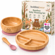 Bubba Bear Baby Weaning Set | Bamboo Plates, Bowls & Spoons for Toddler Led Feeding | Suction Plate, Bowl & Spoon Sets for Babies from 6 Months | Opt