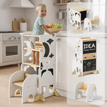 COSYLAND 4-In-1 Toddler Kitchen Step Stool - Foldable Learning Standing Tower with Blackboard - Convertible Wooden Kitchen Stool Helper for Kids Boys
