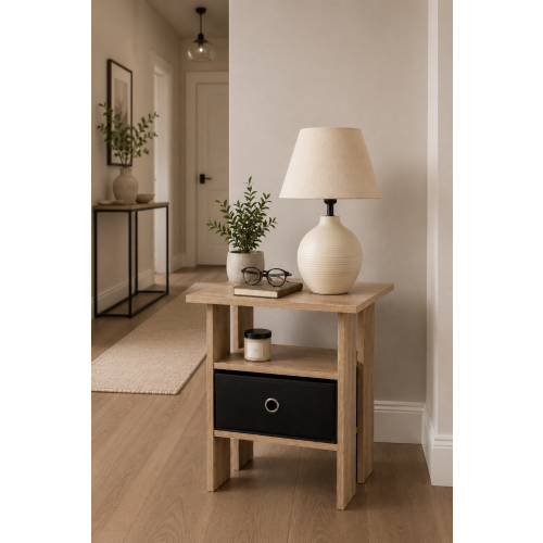 Spot On Dealz Side Table with Black Basket in Oak Finish Nightstand Bedside Table 2