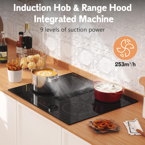 Karinear Induction Hob with Extractor Hood, 6400W, 9 Speeds, Touch Control with Timer, Safe Lock, Boost, Fume Extraction Function 1