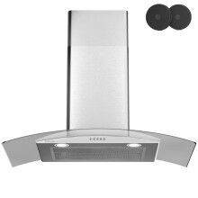 Soonye 60cm Curved Glass Cooker Hood 650m³/h,Stainless Steel Chimney Vent Hood with Carbon Filters,Recirculating & Ducting,Wall Mounted,Kitchen Extra