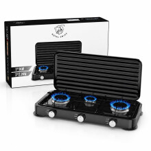 Royal Swiss 3-burner gas cooker, black, LPG hob with electronic ignition, 1 x 1 kW + 2 x 2 kW burner, hinged lid, die-cast aluminium, for camping, ga