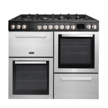 Tesla Dual Fuel Cooker - Freestanding Stainless Steel, A/A/A Energy, 7-Burner Gas Hob, 100cm Double Cavity, 62L & 62L Ovens, Easy Clean Enamel, LED T