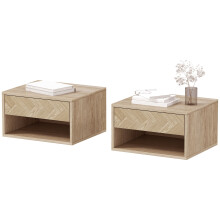 Lot de 2 Tables de Chevet Murales en Bois Naturel, avec Tiroir et Étagère, 37x32x21 cm