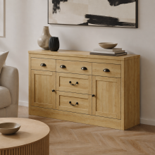 Buffet en bois naturel style maison de campagne, 5 tiroirs et 2 portes, avec étagères réglables et grand plateau