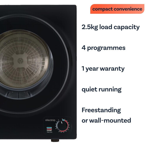 electriQ Mini Tabletop Compact 2.5kg Vented Tumble Dryer - Black 1