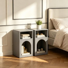 Lot de 2 tables de chevet arquées, gris clair, MDF, 40x30x60 cm, pour chambre et salon