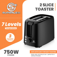 SUPERLEX 2 Slice Bread Toaster 7 Level Browning Control w/ Crumb Tray Black 750W