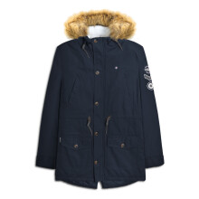 (M, Dark Navy) Lambretta Mens Parka Long Sleeve Zip Up Faux Fur Hooded Warm Winter Jacket Coat