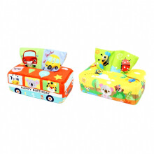 Plüsch-Taschentuchbox-Spielzeug, Fingerübungen für Jungen und Mädchen, gelber Waschbär + Bus