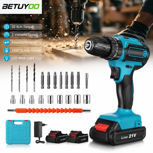 Perceuse sans fil 21V, kit de visseuse à percussion avec 2 batteries, 24 accessoires, vitesse variable pour bricolage