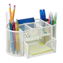 Relaxdays Organisateur de bureau avec tiroir, en acier blanc, 10,5 x 22 x 11 cm