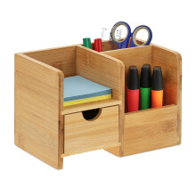 Relaxdays Organisateur de bureau en bambou, 2 compartiments avec tiroir et étagère, couleur naturelle, 14 x 20,5 x 13 cm