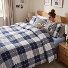 (Aspire Single Bed, Navy Check) Duvet Cover Set with 2 Pillowcases 200 Thread Count Brushed Microfiber Quilt Cover