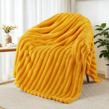 Exclusivo Mezcla Soft Striped Fleece Blanket, Yellow Fluffy Sofa Bed Throw